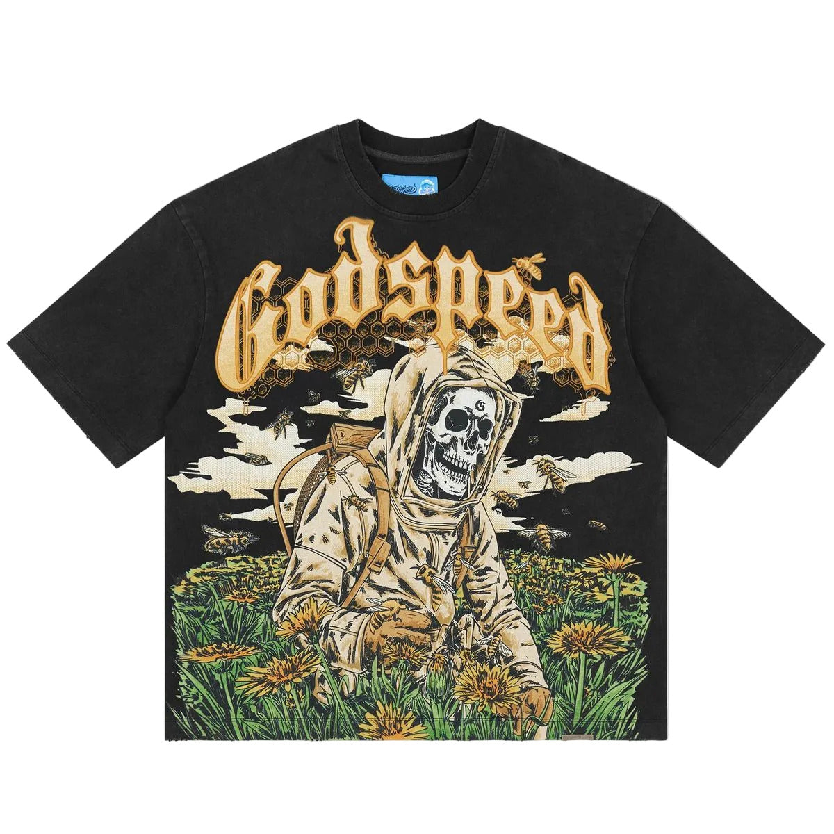 Godspeed Save the Bees II NextGen Black graphic T-shirt made from 10oz mid-weight washed fabric featuring bold Save the Bees artwork.