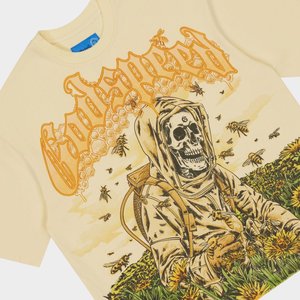 Godspeed Save the Bees II NextGen Bone graphic T-shirt made from 10oz mid-weight washed fabric featuring bold Save the Bees artwork.