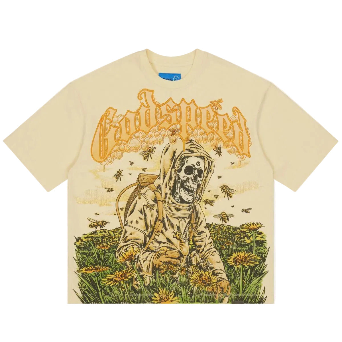 Godspeed Save the Bees II NextGen Bone graphic T-shirt made from 10oz mid-weight washed fabric featuring bold Save the Bees artwork.