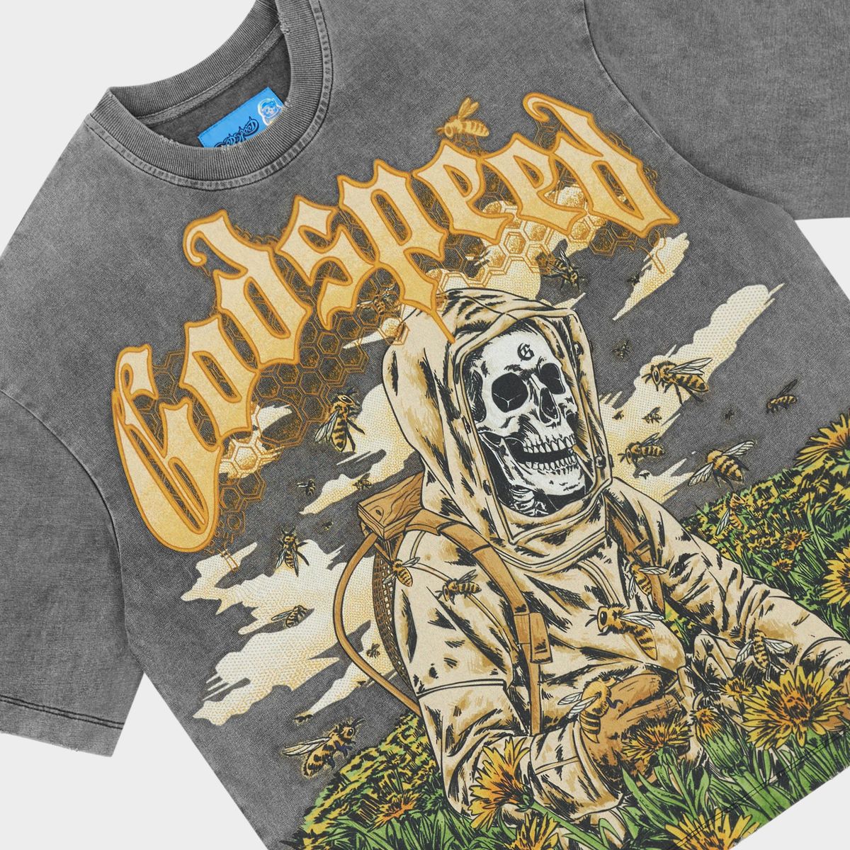 Godspeed Save the Bees II NextGen Grey Wash graphic T-shirt made from 10oz mid-weight washed fabric featuring bold Save the Bees artwork.