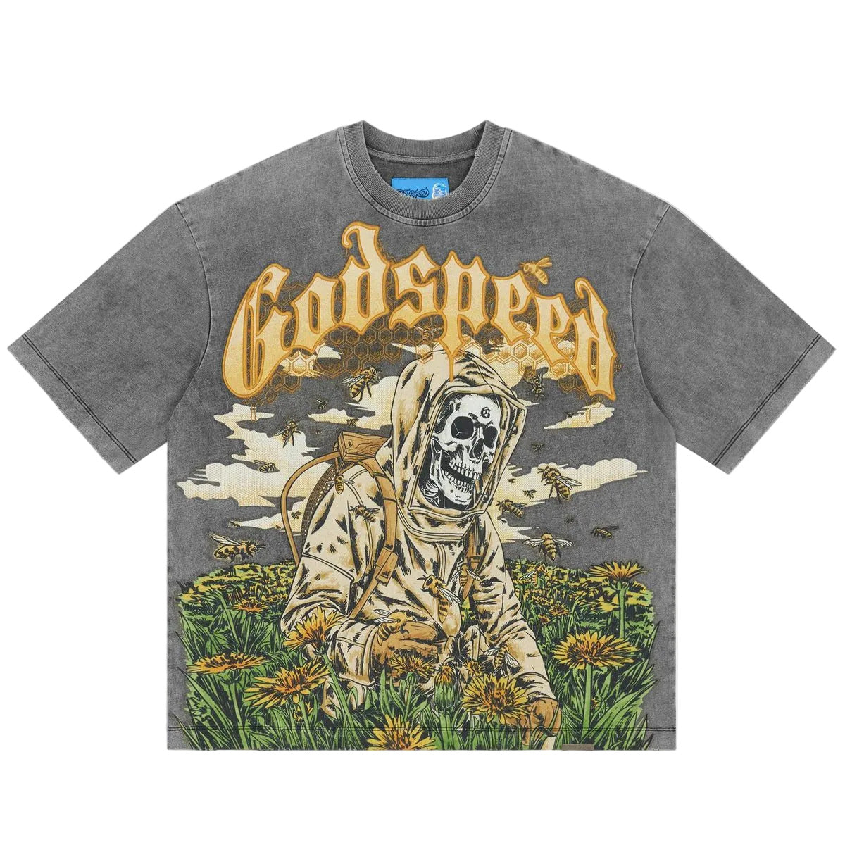 Godspeed Save the Bees II NextGen Grey Wash graphic T-shirt made from 10oz mid-weight washed fabric featuring bold Save the Bees artwork.