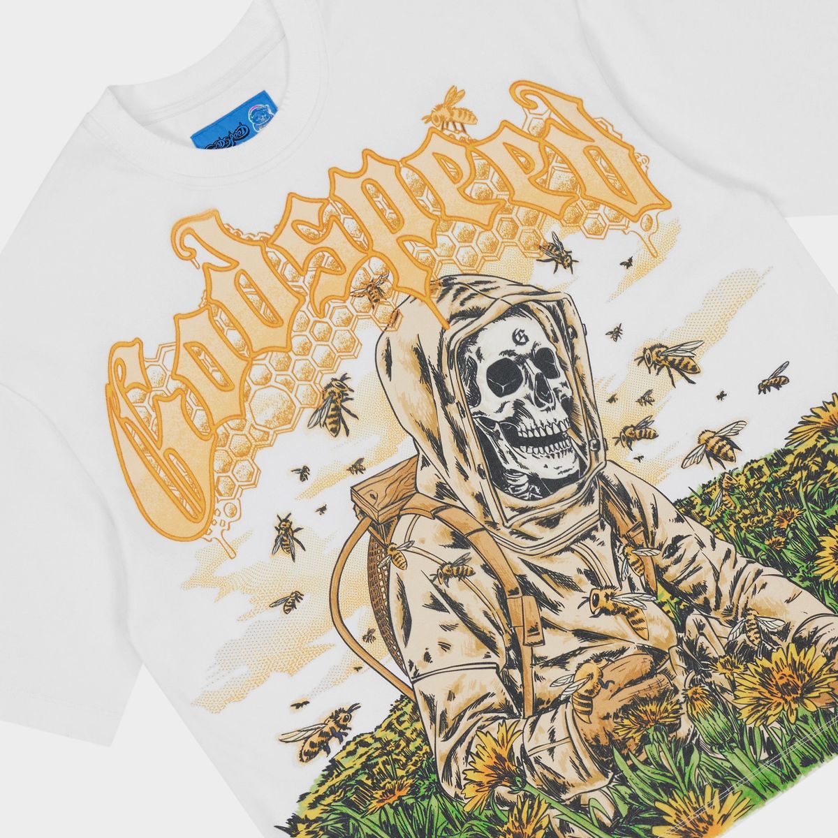 Godspeed Save the Bees II NextGen White graphic T-shirt made from 10oz mid-weight washed fabric featuring bold Save the Bees artwork.