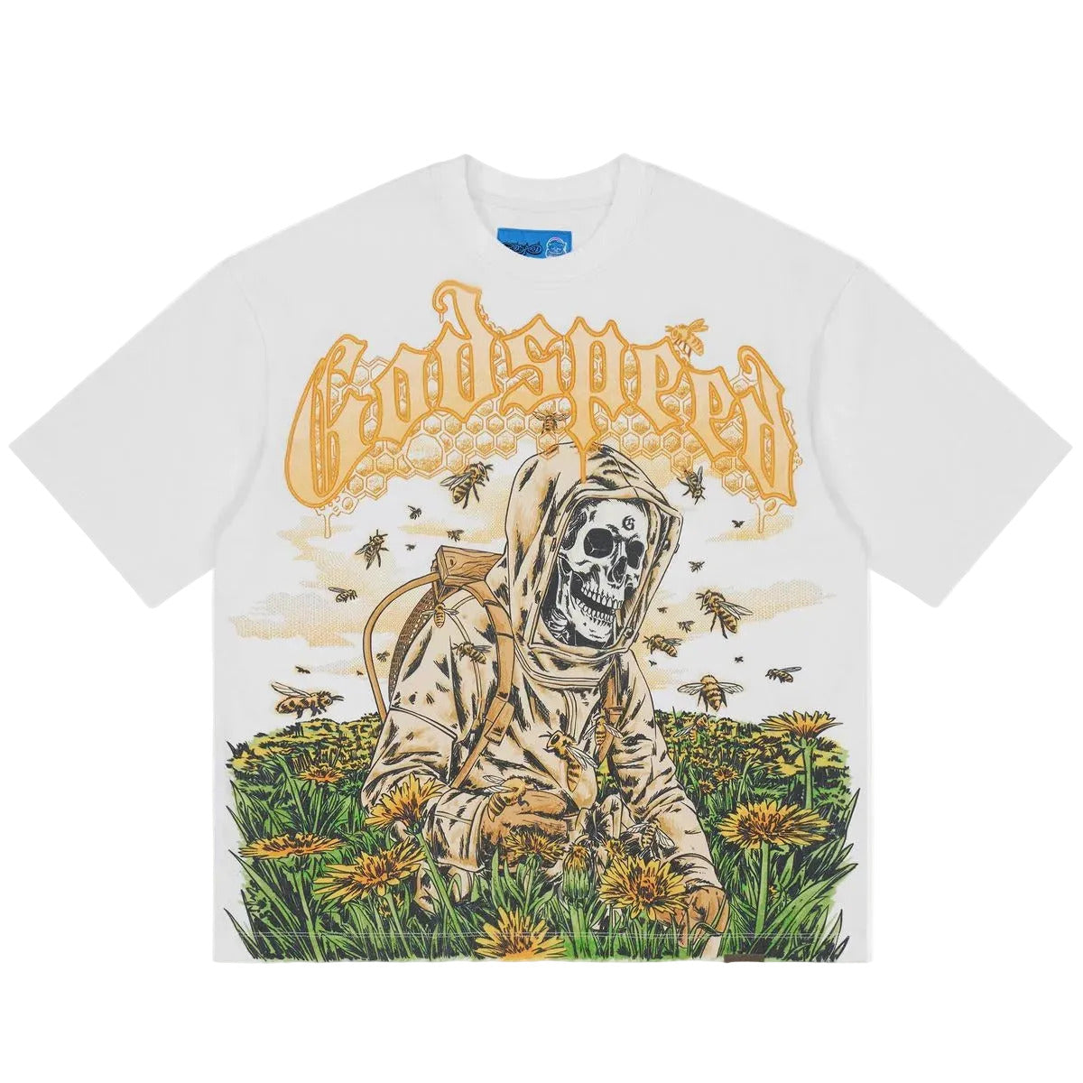 Godspeed Save the Bees II NextGen White graphic T-shirt made from 10oz mid-weight washed fabric featuring bold Save the Bees artwork.