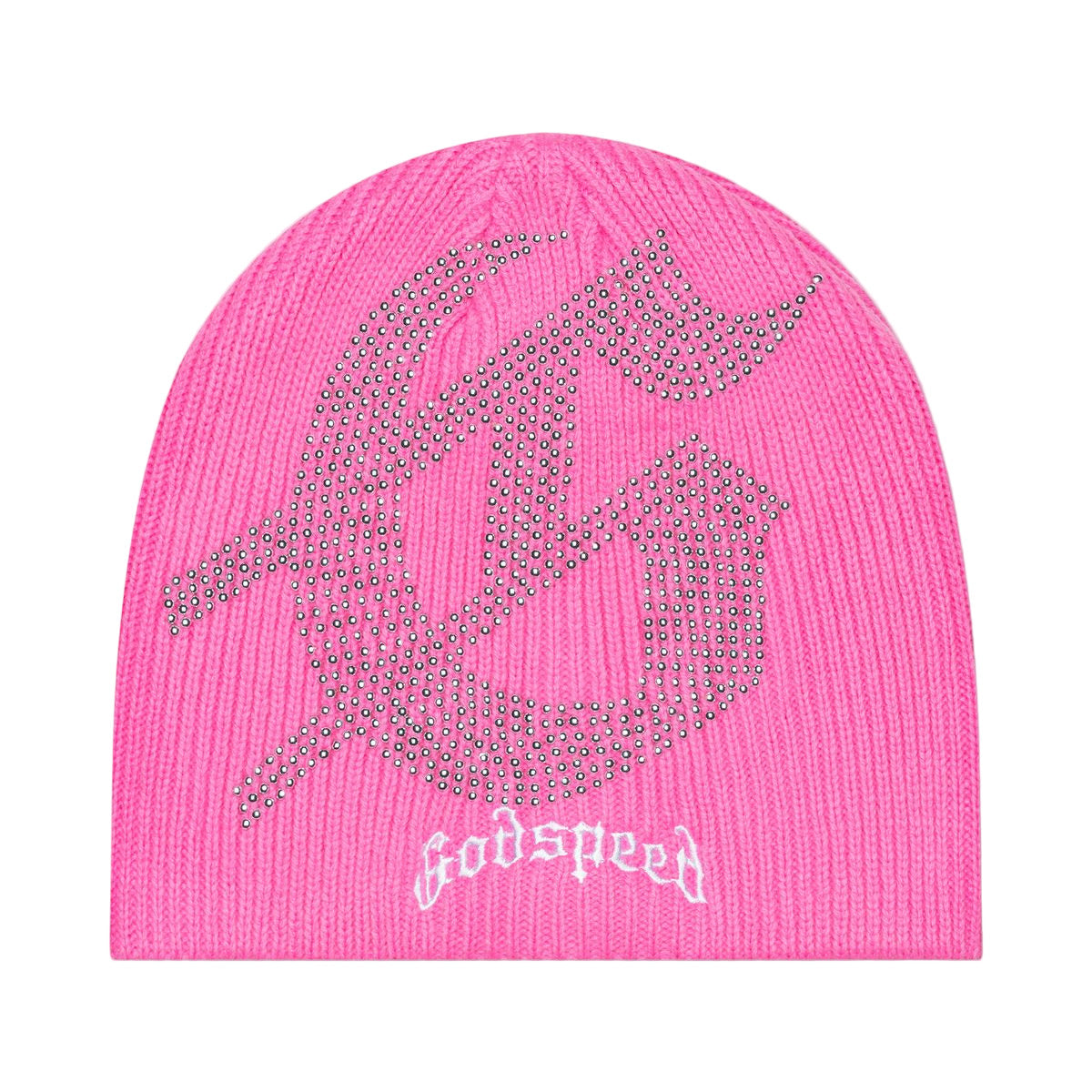 Pink beanie with rhinestone design and 'Godspeed' text on a light gray background