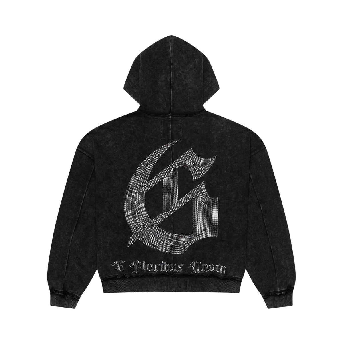 Black hoodie with a large logo on the back against a light gray background