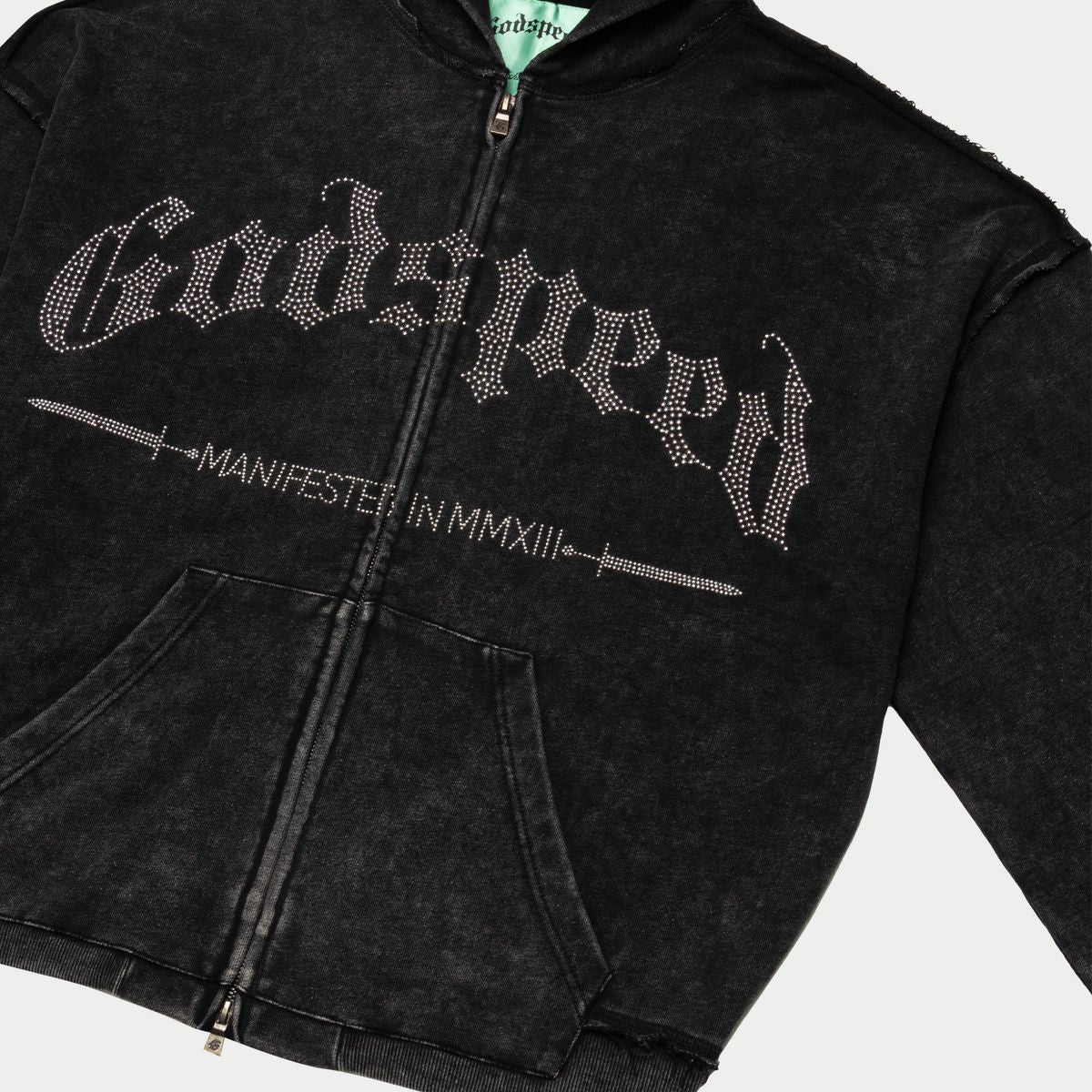 Black hoodie with 'Goodwood' text and design on a white background