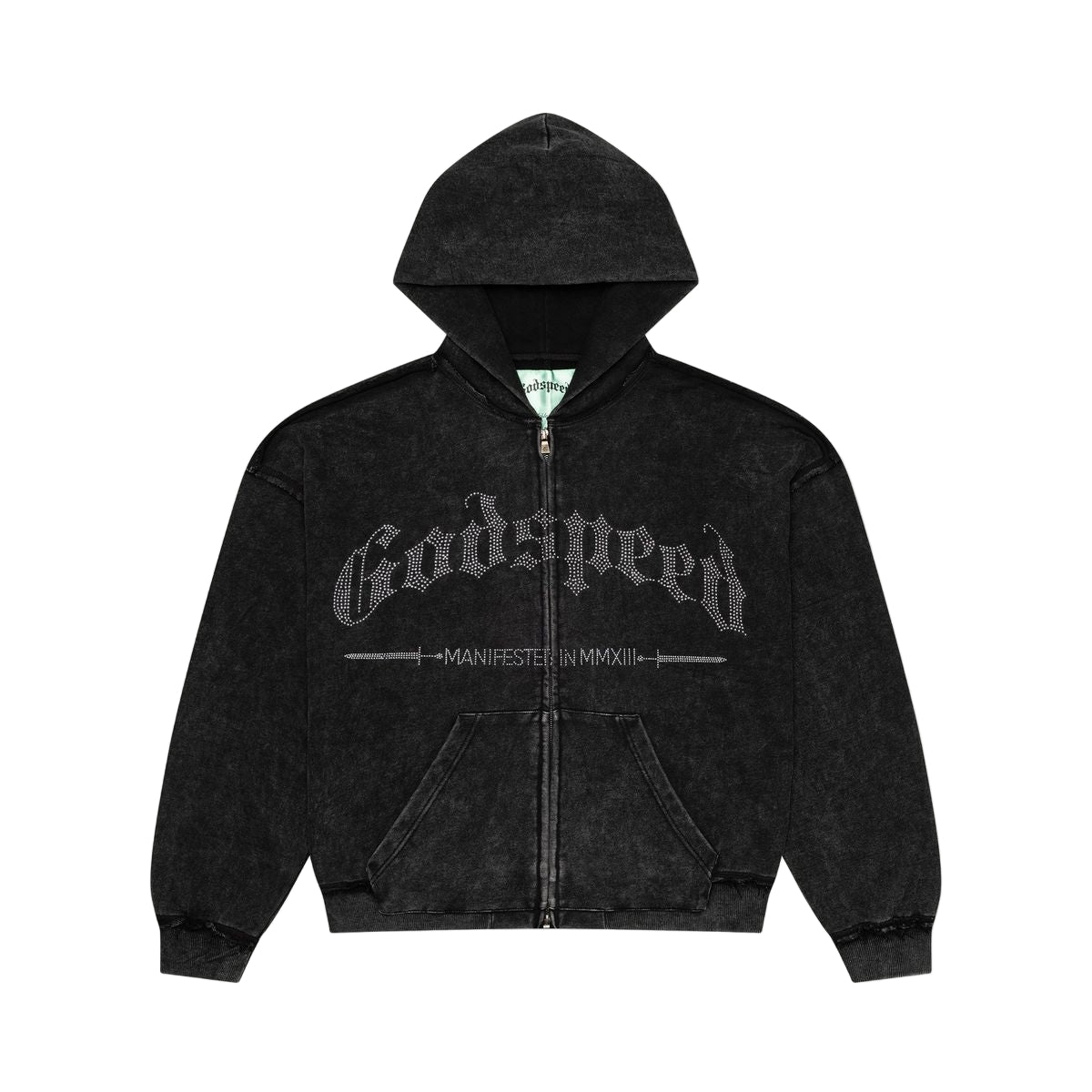 Black hoodie with 'Godspeed' text on a light gray background