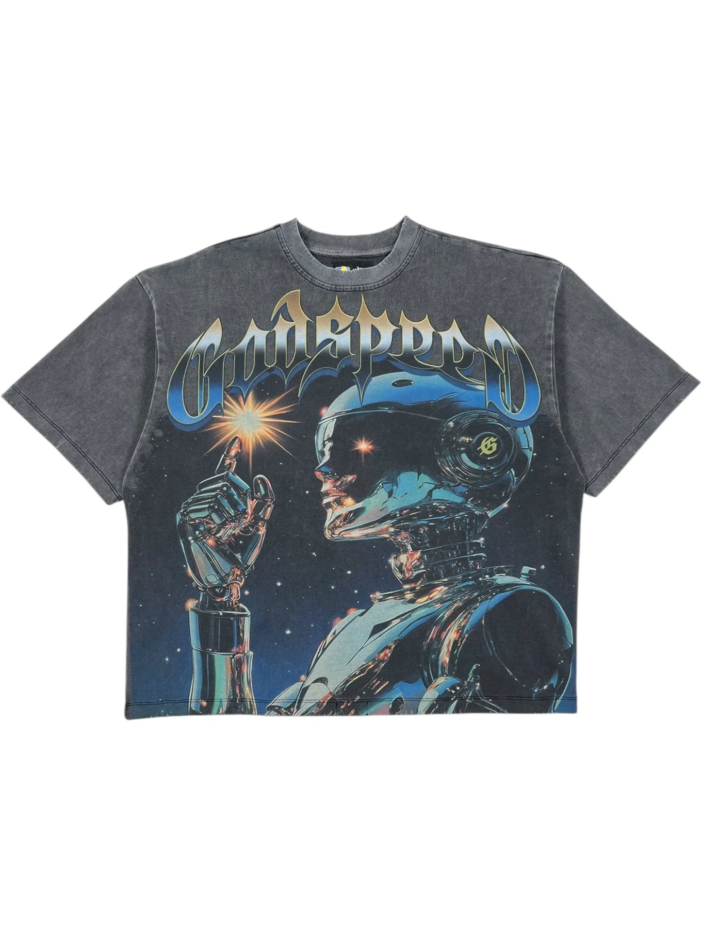 Limited edition Godspeed Sputnik Moment Grey Wash T-shirt with retro-inspired graphic on premium 10oz vintage-washed cotton.