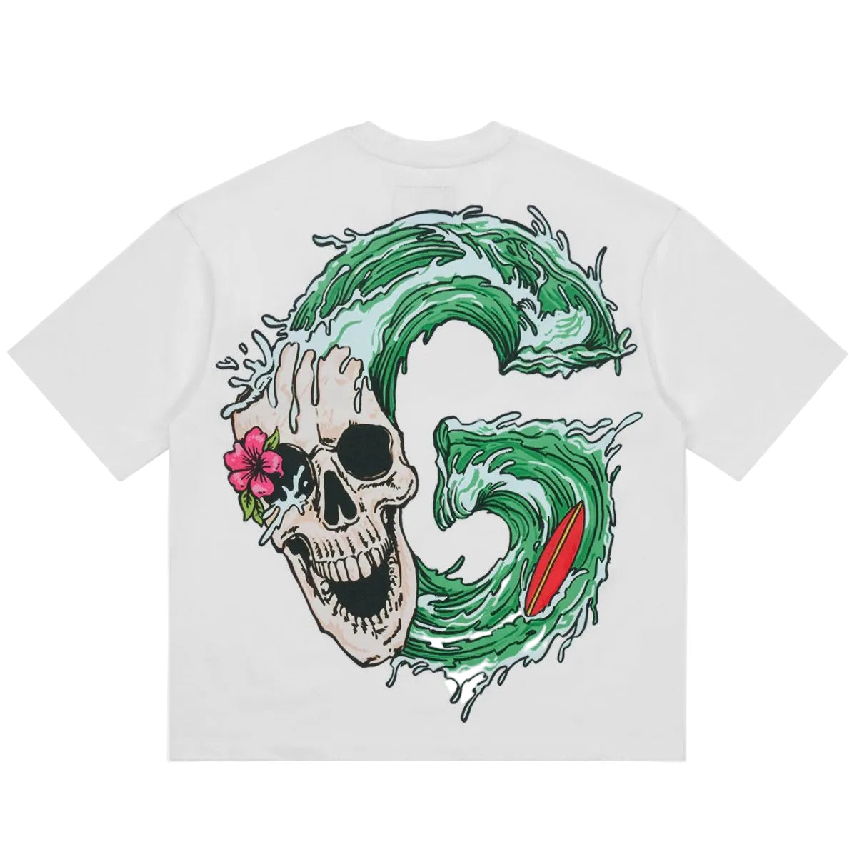 Godspeed Surfs Up T-shirt in white with bold graphic artwork and mid-weight washed fabric for modern streetwear style.