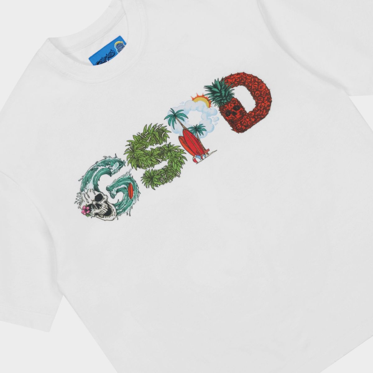 Godspeed Surfs Up T-shirt in white with bold graphic artwork and mid-weight washed fabric for modern streetwear style.