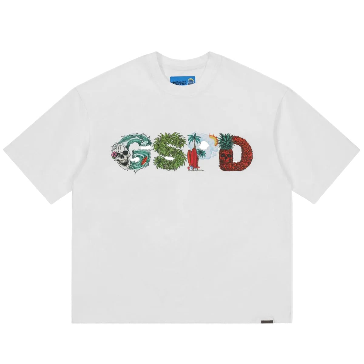 Godspeed Surfs Up T-shirt in white with bold graphic artwork and mid-weight washed fabric for modern streetwear style.