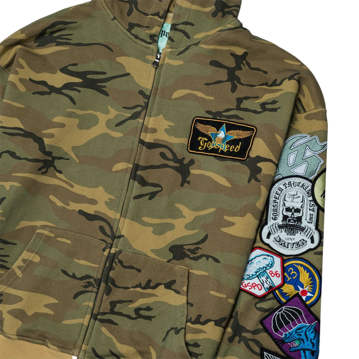 Camo Godspeed GS Squadron Hoodie with zip front and patch details on sleeve and hood.