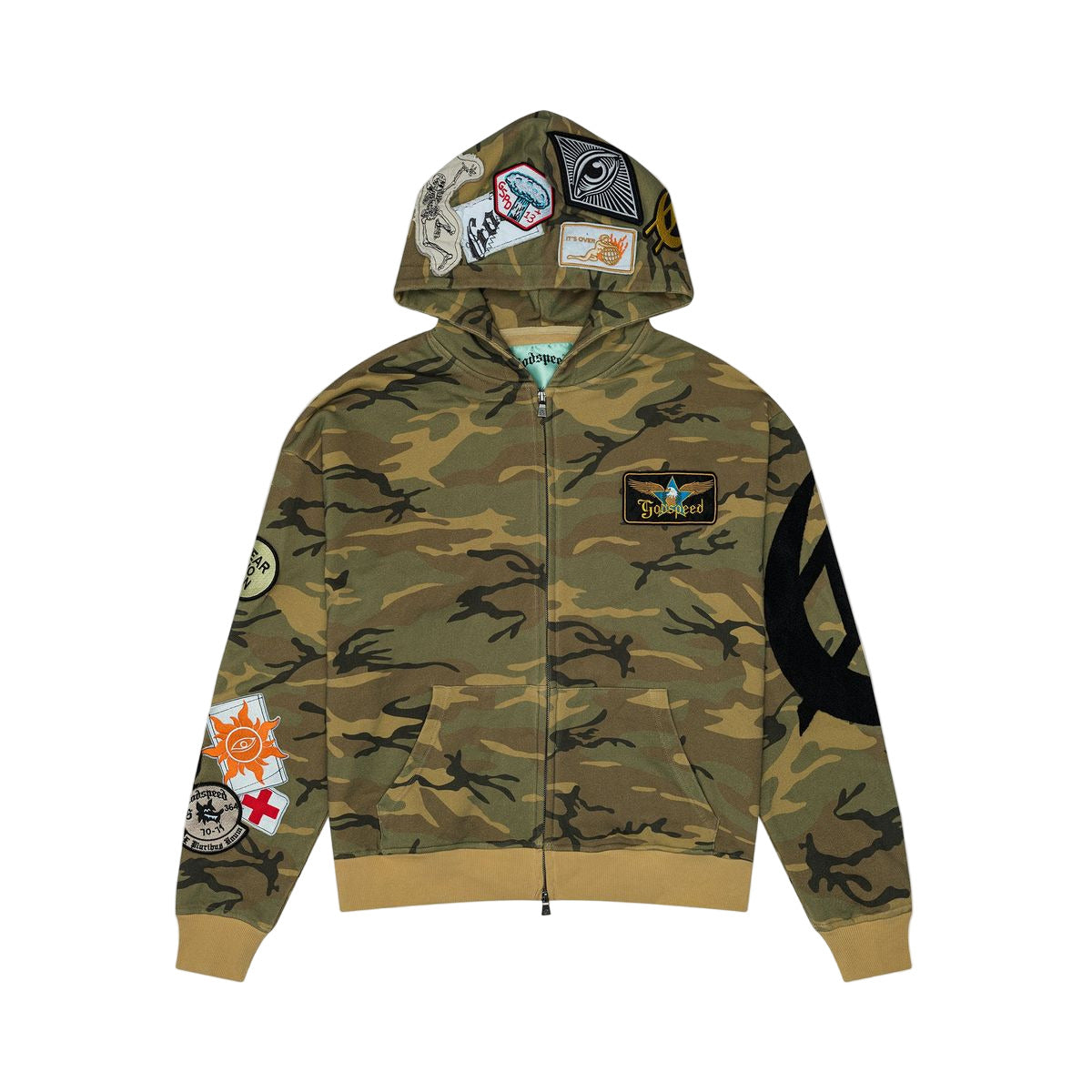 Camo Godspeed GS Squadron Hoodie with zip front and patch details on sleeve and hood.