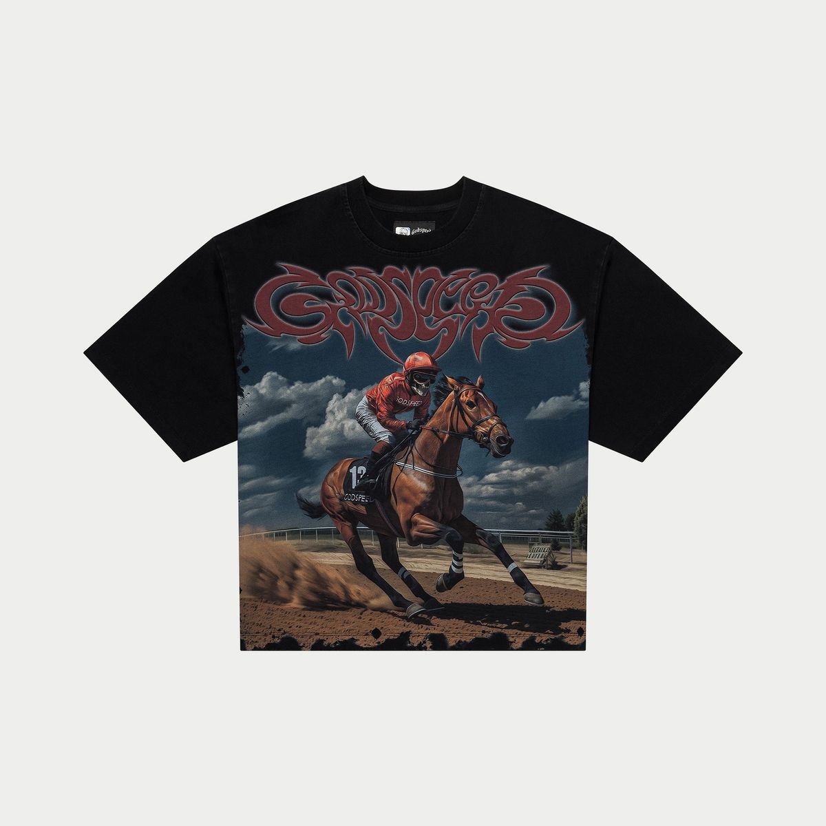 Black t-shirt with a graphic of a horse and jockey on a racetrack against a cloudy sky.