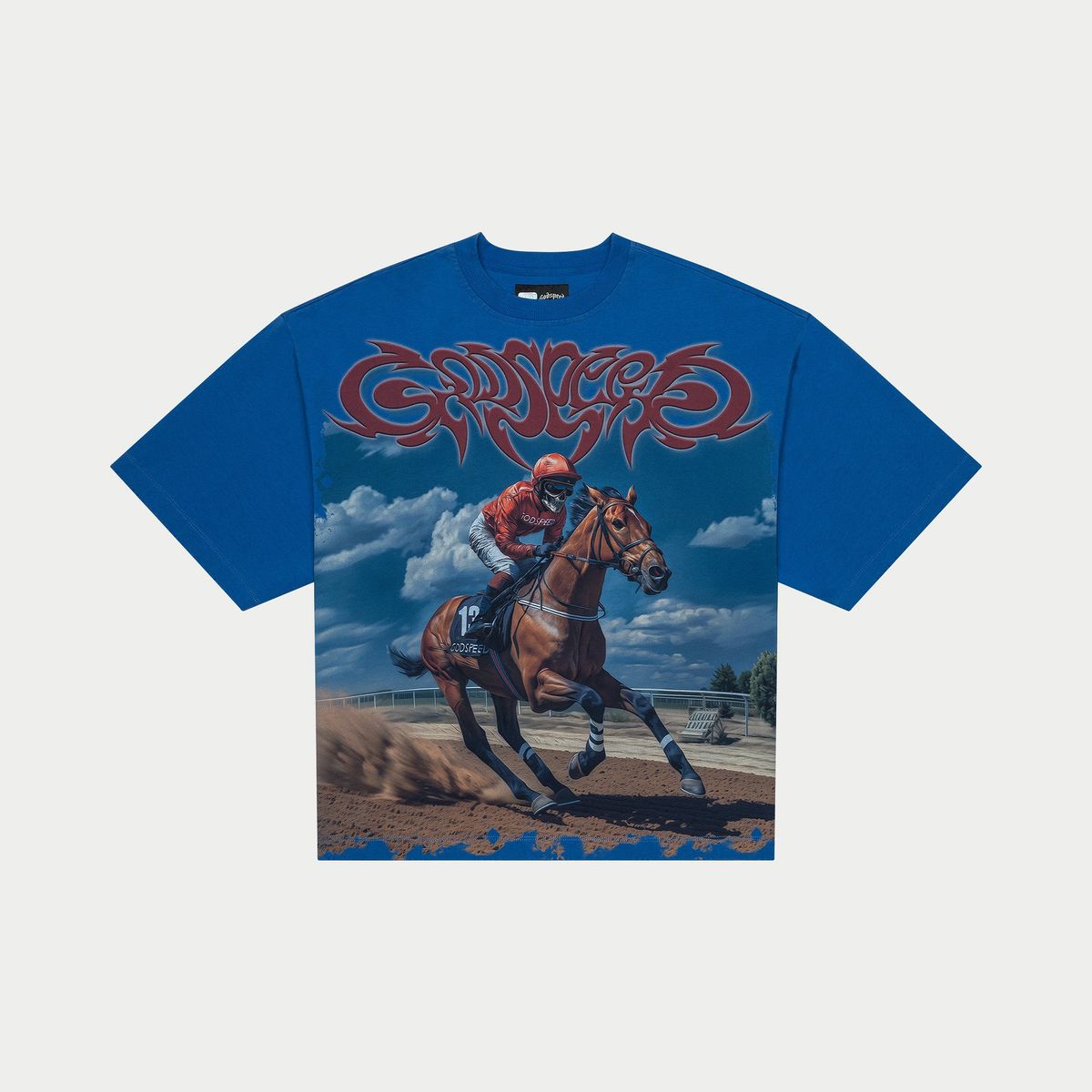 Blue t-shirt with a graphic of a jockey on a horse' logo.