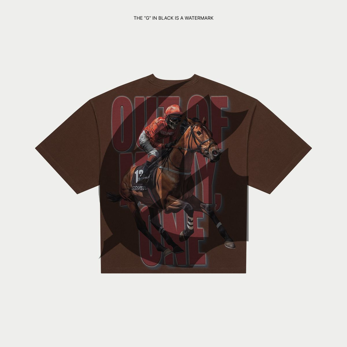  Godspeed Mocha T-shirt featuring digital art, oversized fit, and limited edition numbered tag