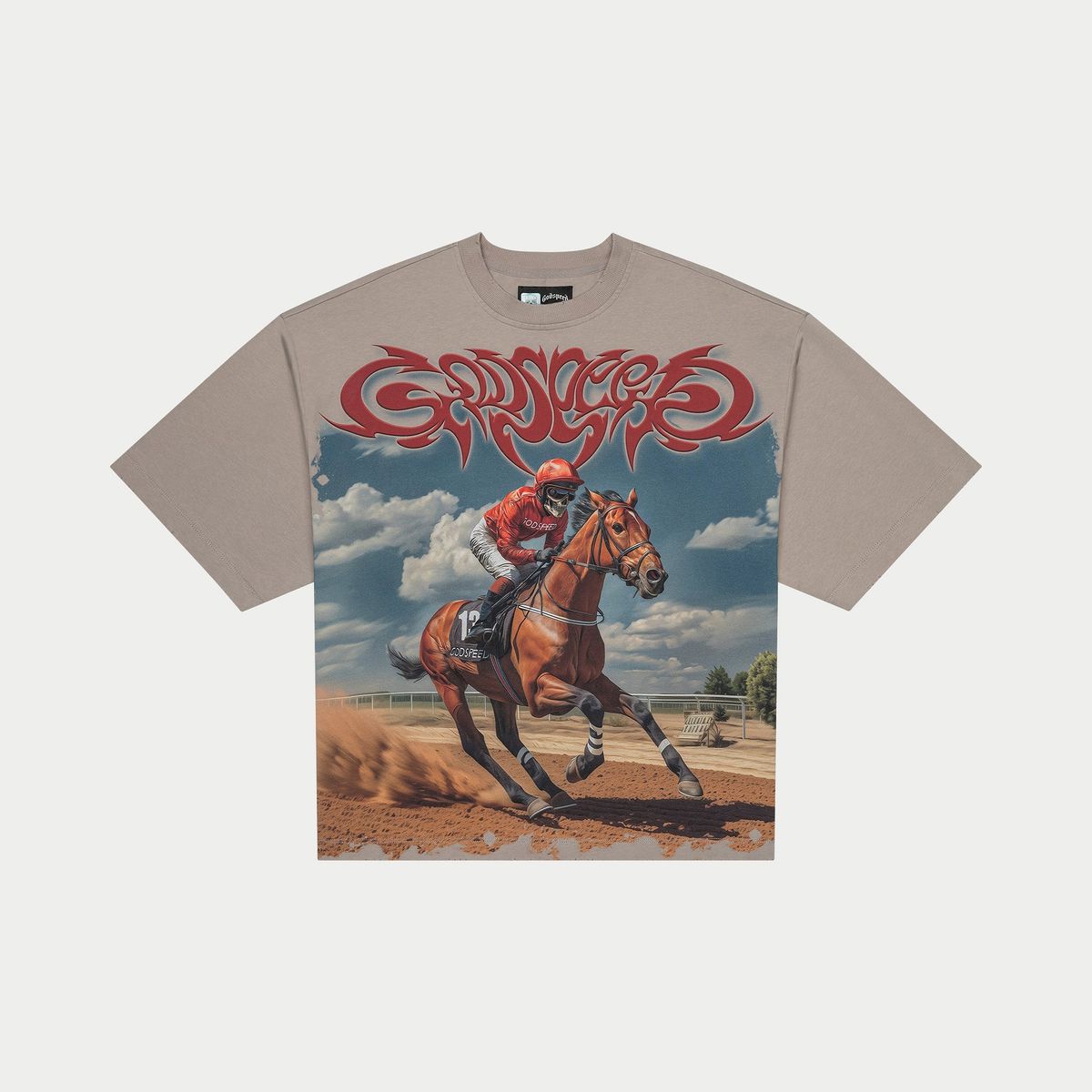T-shirt with a graphic of a horse race and 'Gorillaz' logo on a beige background