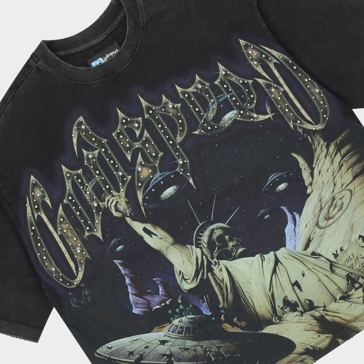 Godspeed The Landing Black T-shirt from the Rarity Collection, limited to 444 examples, crafted from premium midweight cotton with a structured fit.