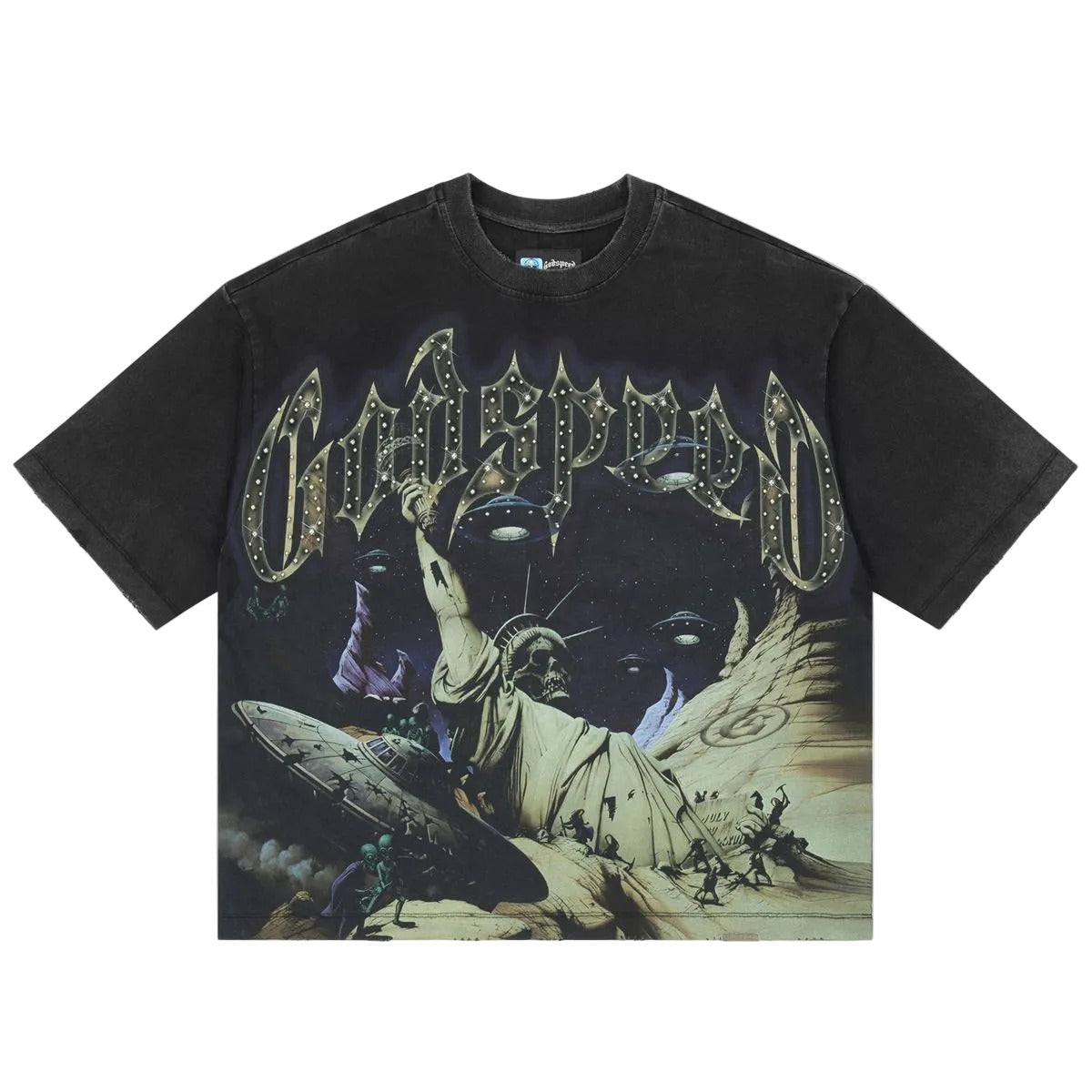 Godspeed The Landing Black T-shirt from the Rarity Collection, limited to 444 examples, crafted from premium midweight cotton with a structured fit.