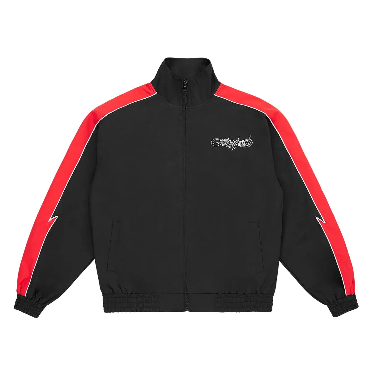 Godspeed GT tracksuit in black and red with nylon fabric, mesh backing, and matching top and bottom set