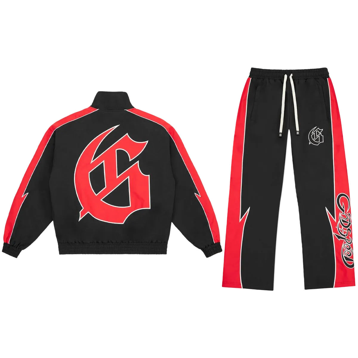 Godspeed GT tracksuit in black and red with nylon fabric, mesh backing, and matching top and bottom set
