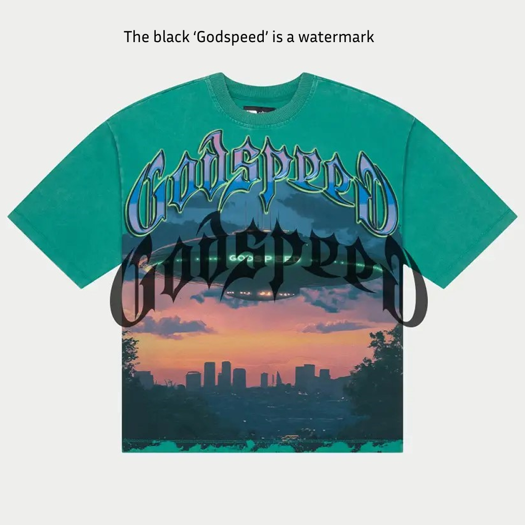 unidentified aerial phenomenon black t-shirt with graphic artwork and stone details around the crown laid flat