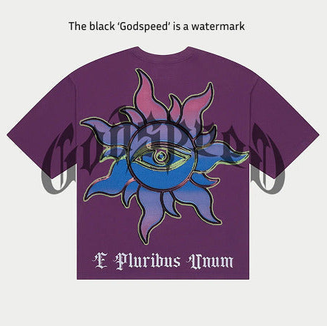 limited edition black t-shirt with bold artwork and stone detailing around the crown laid flat