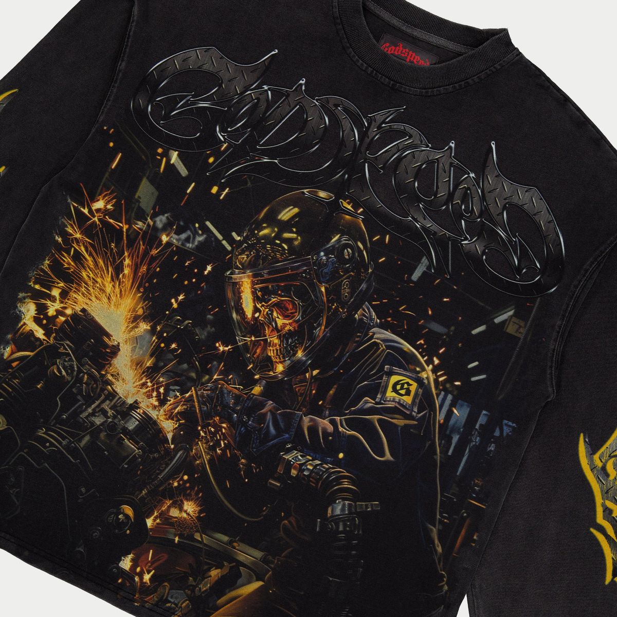 Godspeed Under Construction Sweatshirt in Black wash with bold streetwear graphics and relaxed fit