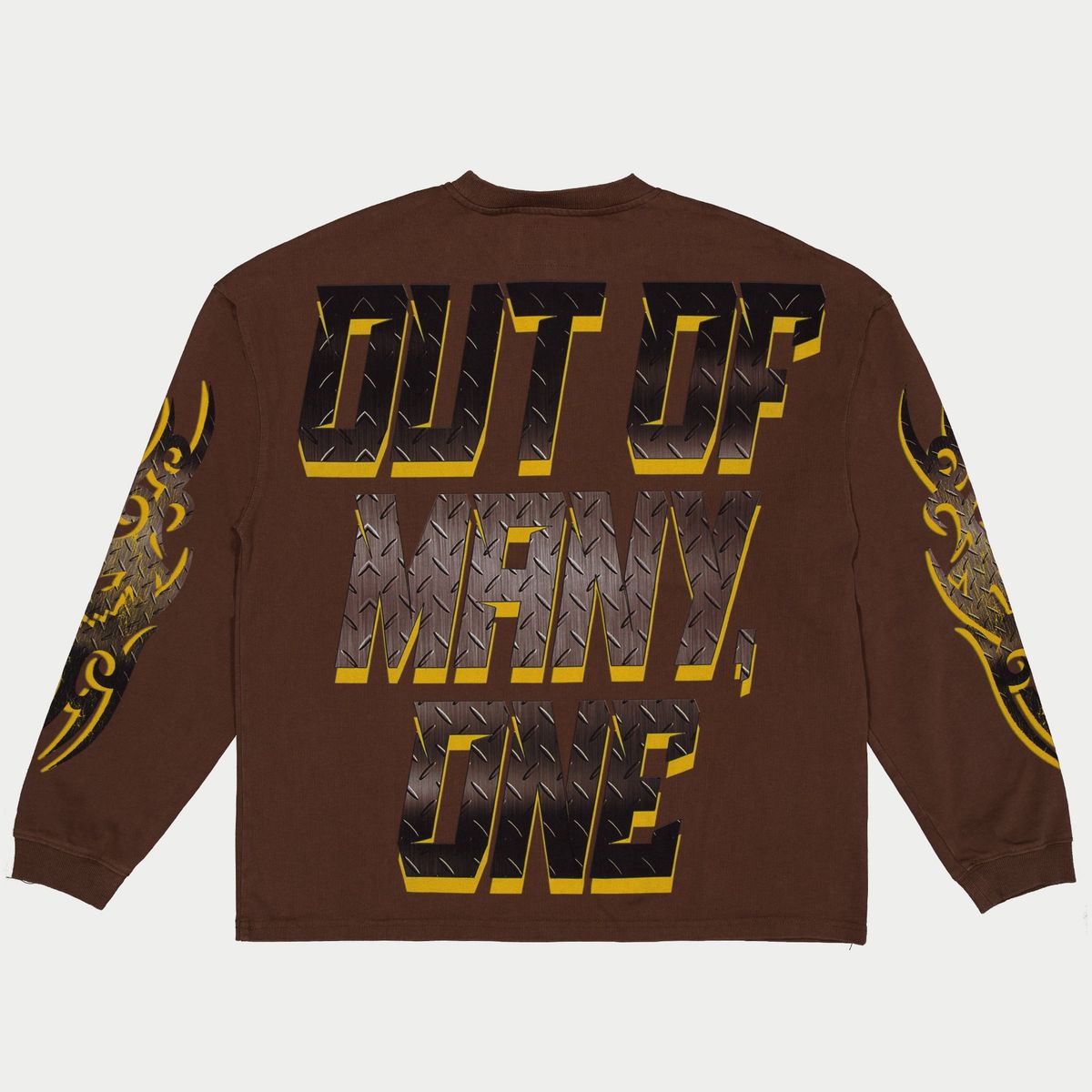Godspeed Under Construction Sweatshirt in brown with bold streetwear graphics and relaxed fit