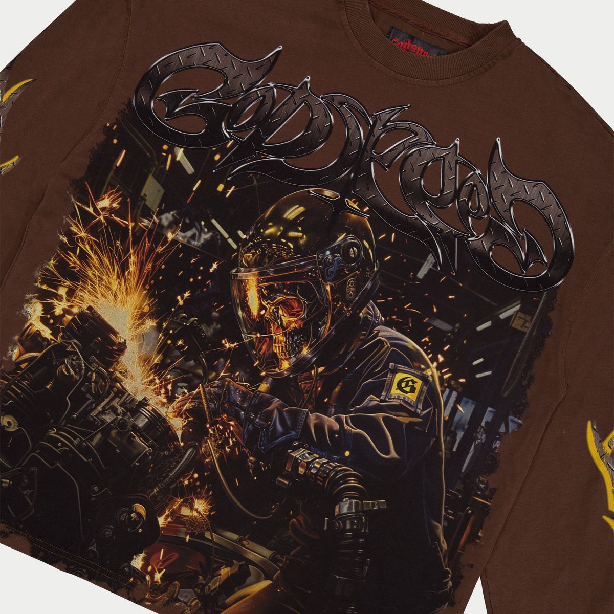 Godspeed Under Construction Sweatshirt in brown with bold streetwear graphics and relaxed fit