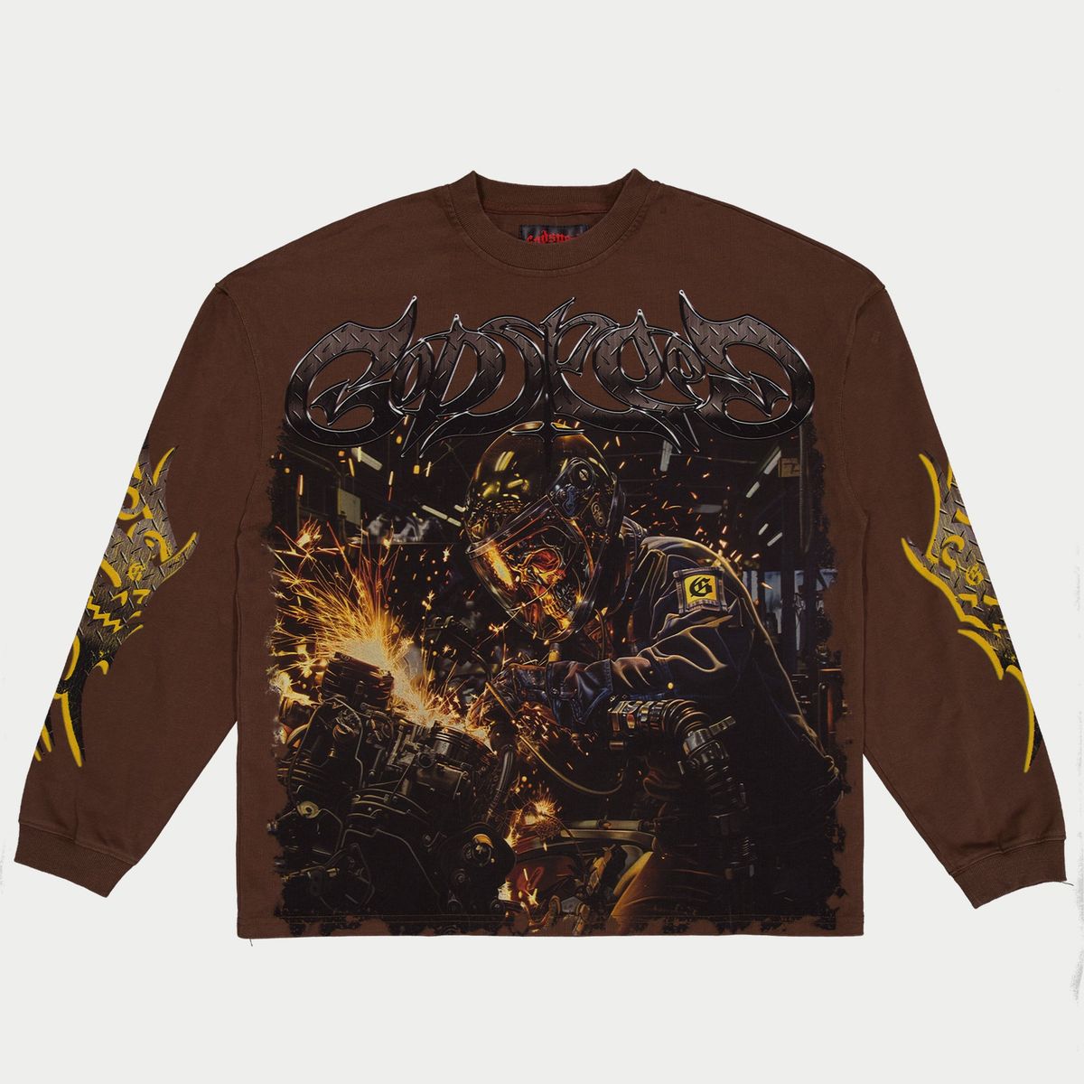 Godspeed Under Construction Sweatshirt in brown with bold streetwear graphics and relaxed fit