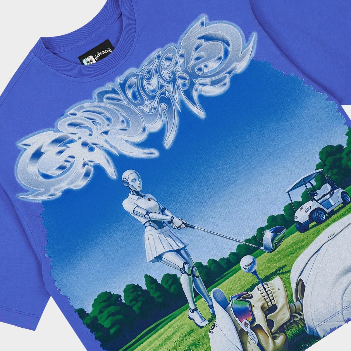 Godspeed Up2Par T-Shirt in Blue crafted from 10oz mid-weight washed fabric with a striking art piece and stones around the crown.