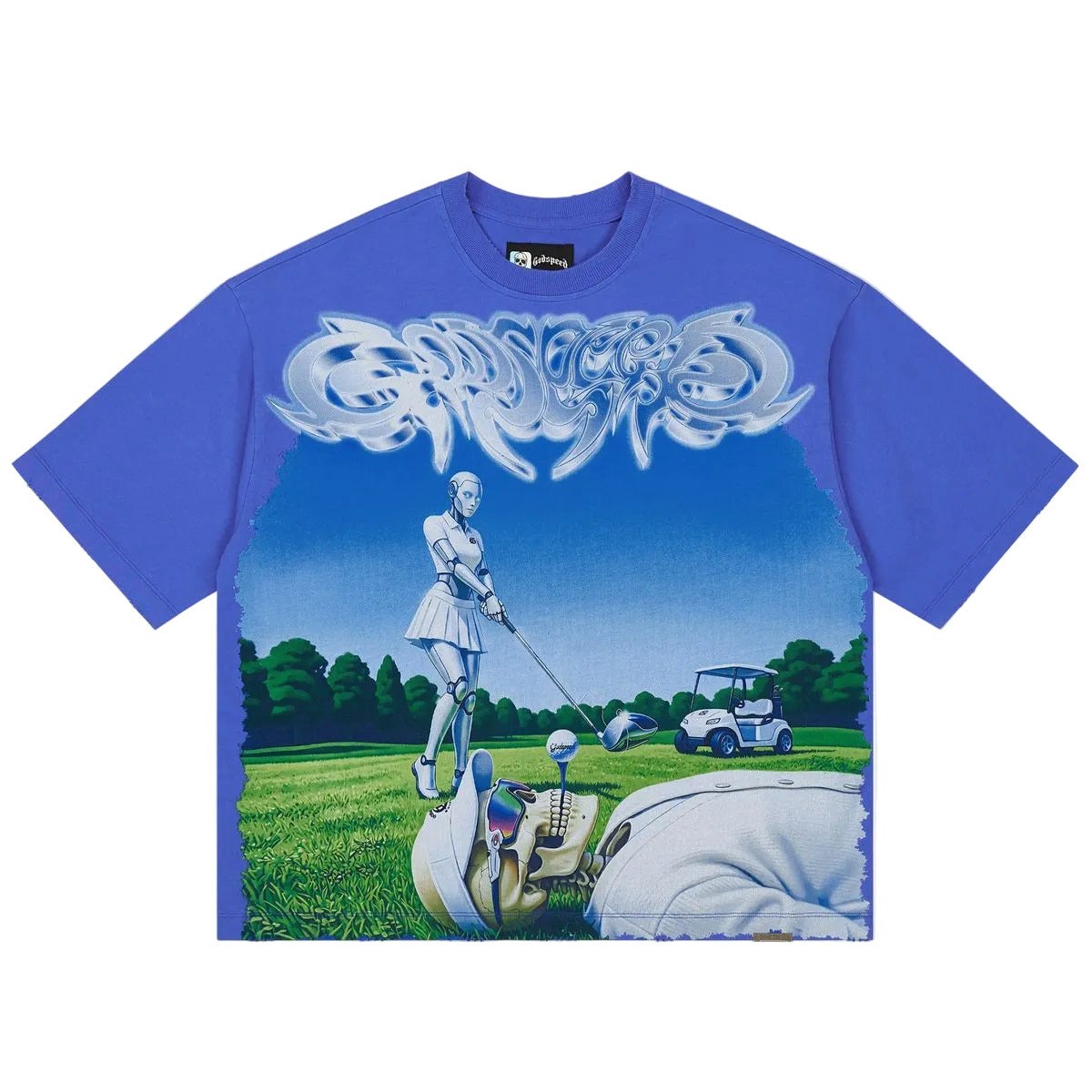 Godspeed Up2Par T-Shirt in Blue crafted from 10oz mid-weight washed fabric with a striking art piece and stones around the crown.