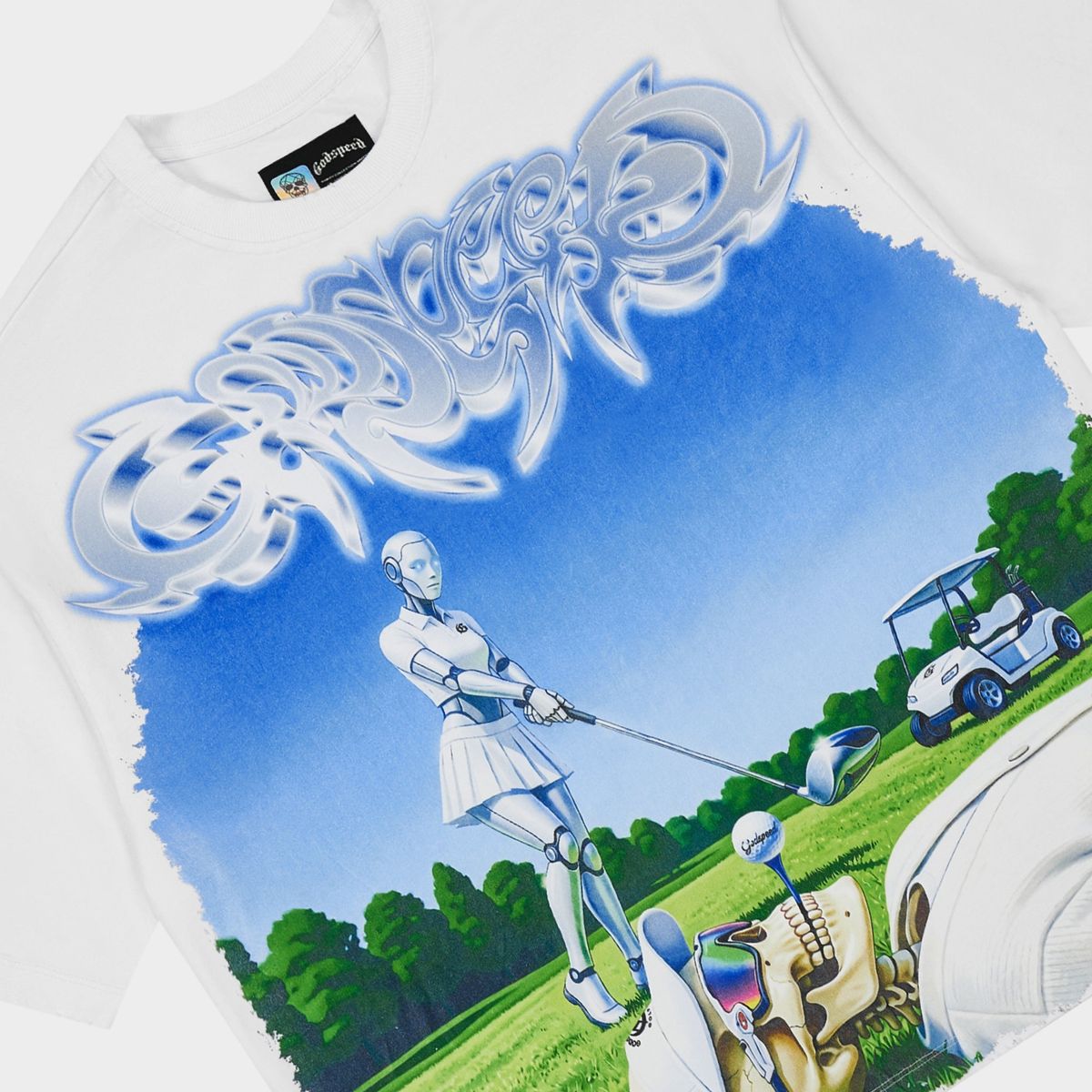 Godspeed Up2Par T-Shirt in White crafted from 10oz mid-weight washed fabric with a striking art piece and stones around the crown.