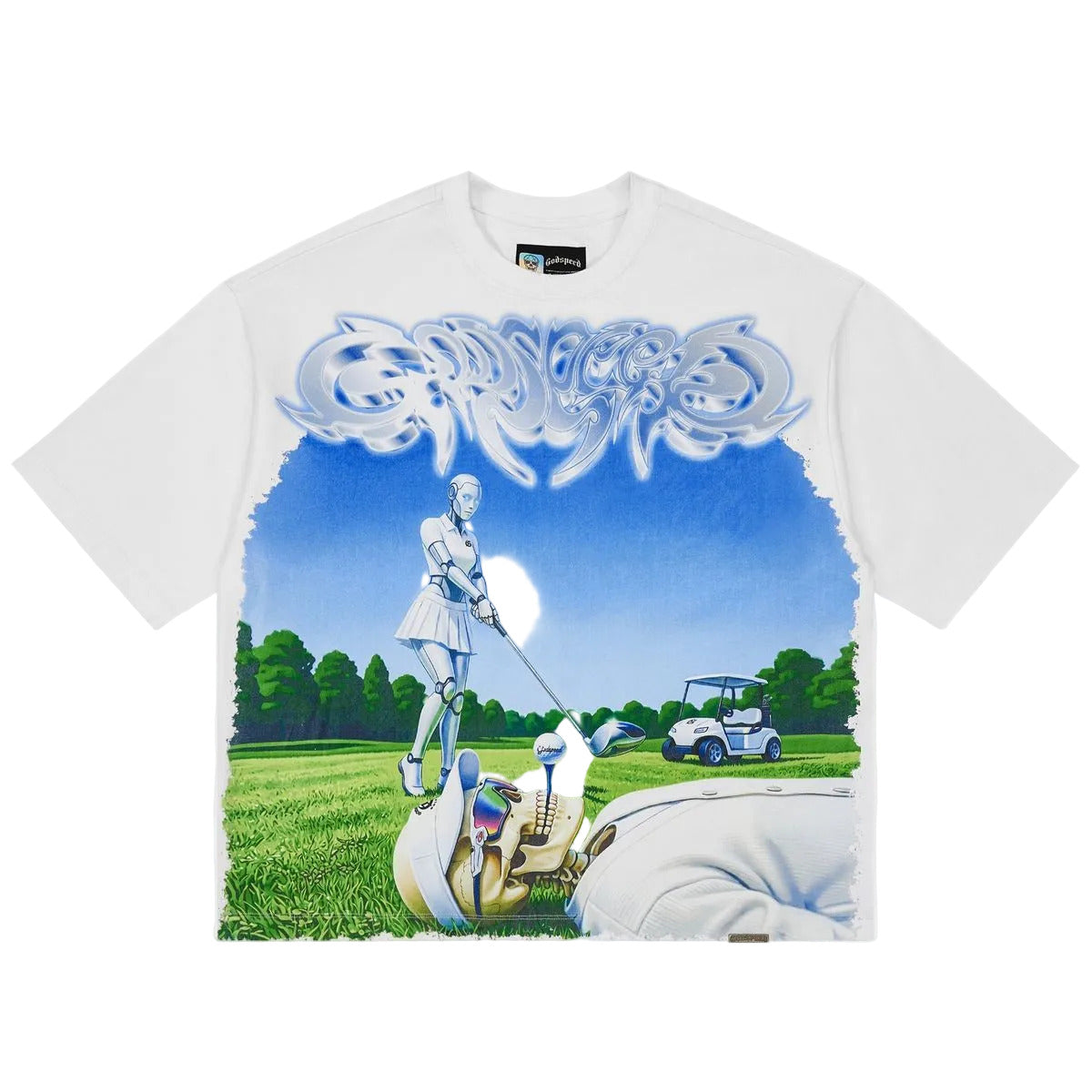 Godspeed Up2Par T-Shirt in White crafted from 10oz mid-weight washed fabric with a striking art piece and stones around the crown.