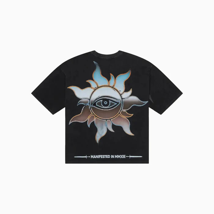 men’s virtuoso black t-shirt with tailored fit and soft breathable fabric laid flat on white background