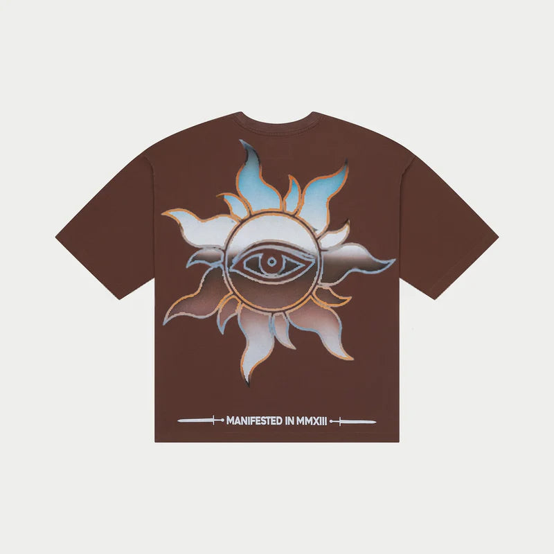 limited edition virtuoso t-shirt with bold artwork and stone-embellished crown on mid-weight washed fabric laid flat