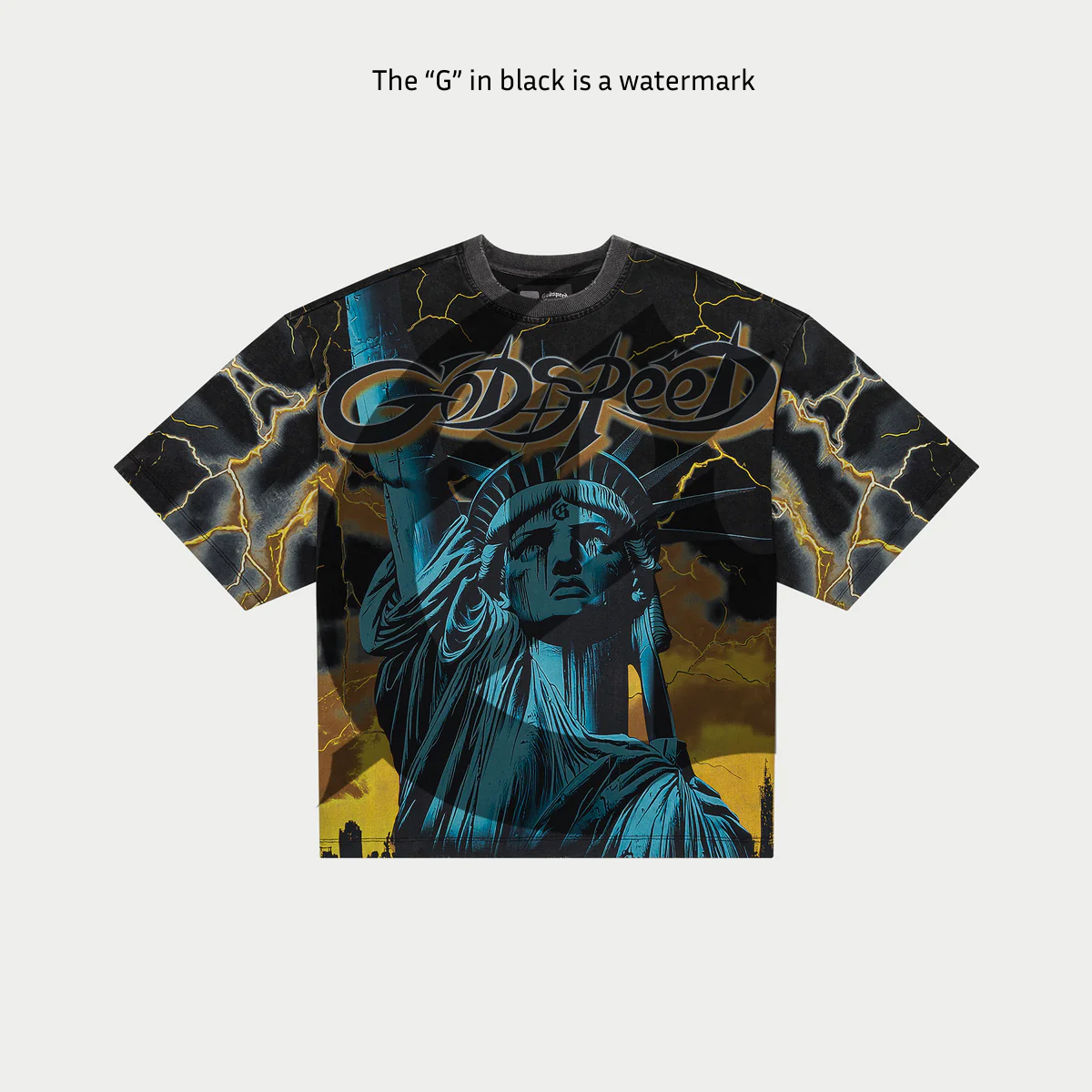 Godspeed Voltage Yellow T-Shirt with bold art graphic and crown-stone detailing on mid-weight washed fabric.