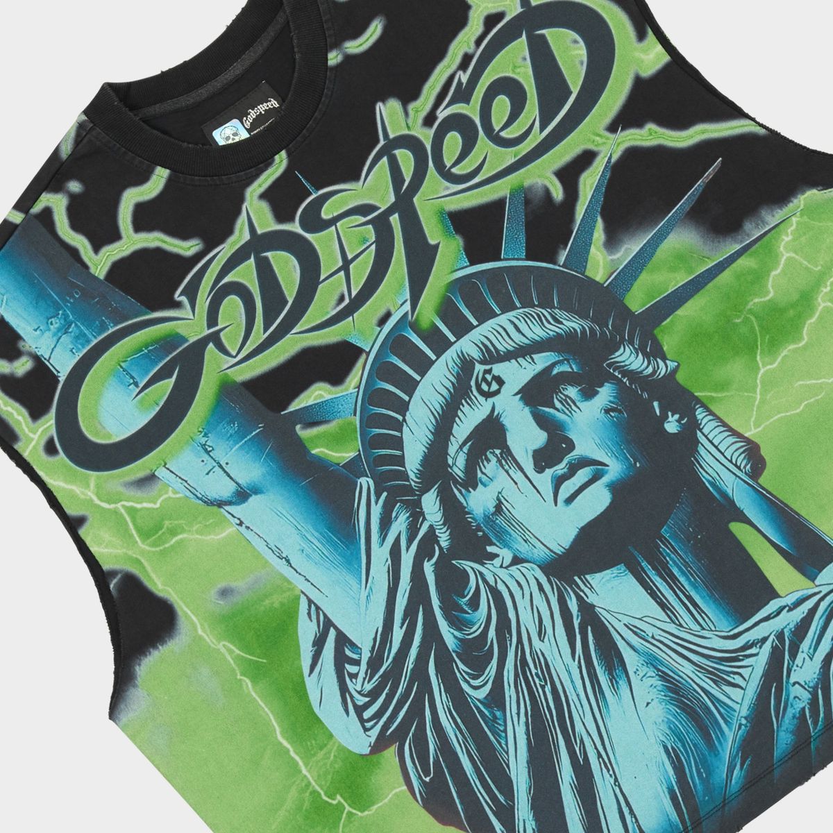 Godspeed Voltage sleeveless T-shirt featuring premium cotton construction, structured fit, badge details, and a modern athletic streetwear design.