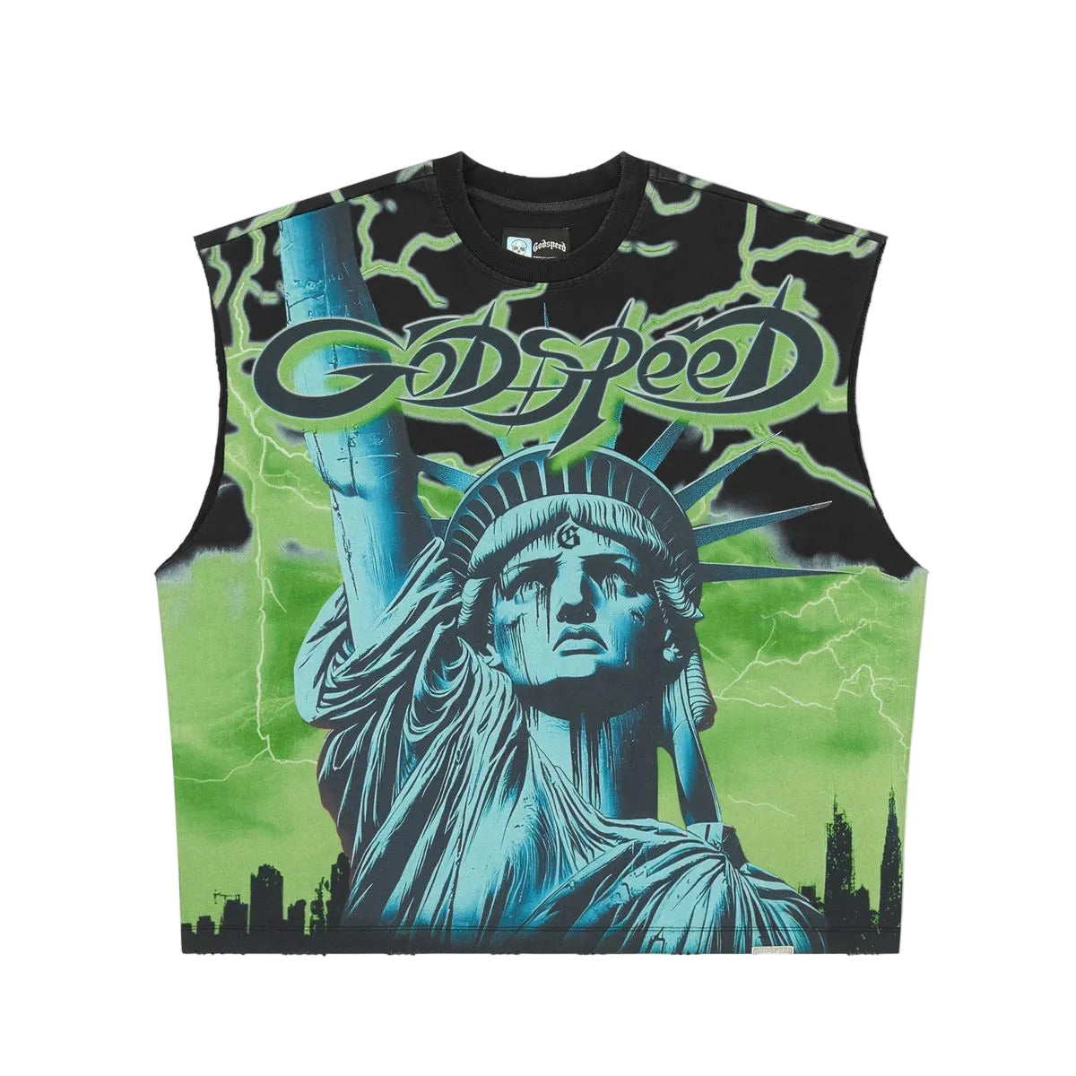 Godspeed Voltage sleeveless T-shirt featuring premium cotton construction, structured fit, badge details, and a modern athletic streetwear design.