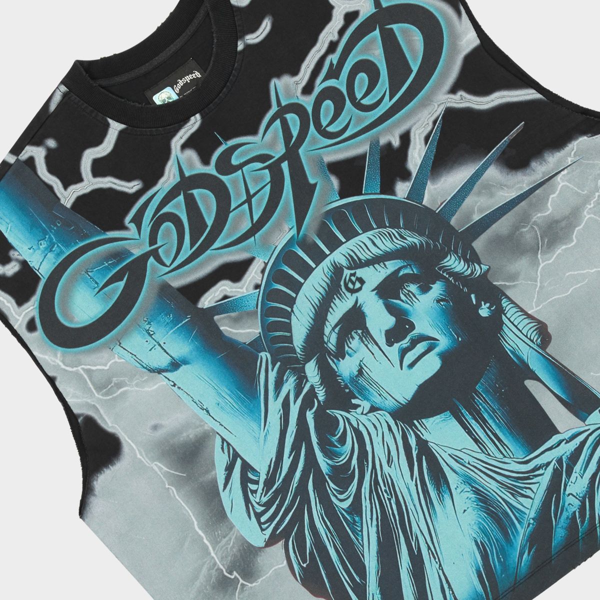 Godspeed Voltage sleeveless T-shirt featuring premium cotton construction, structured fit, badge details, and a modern athletic streetwear design.