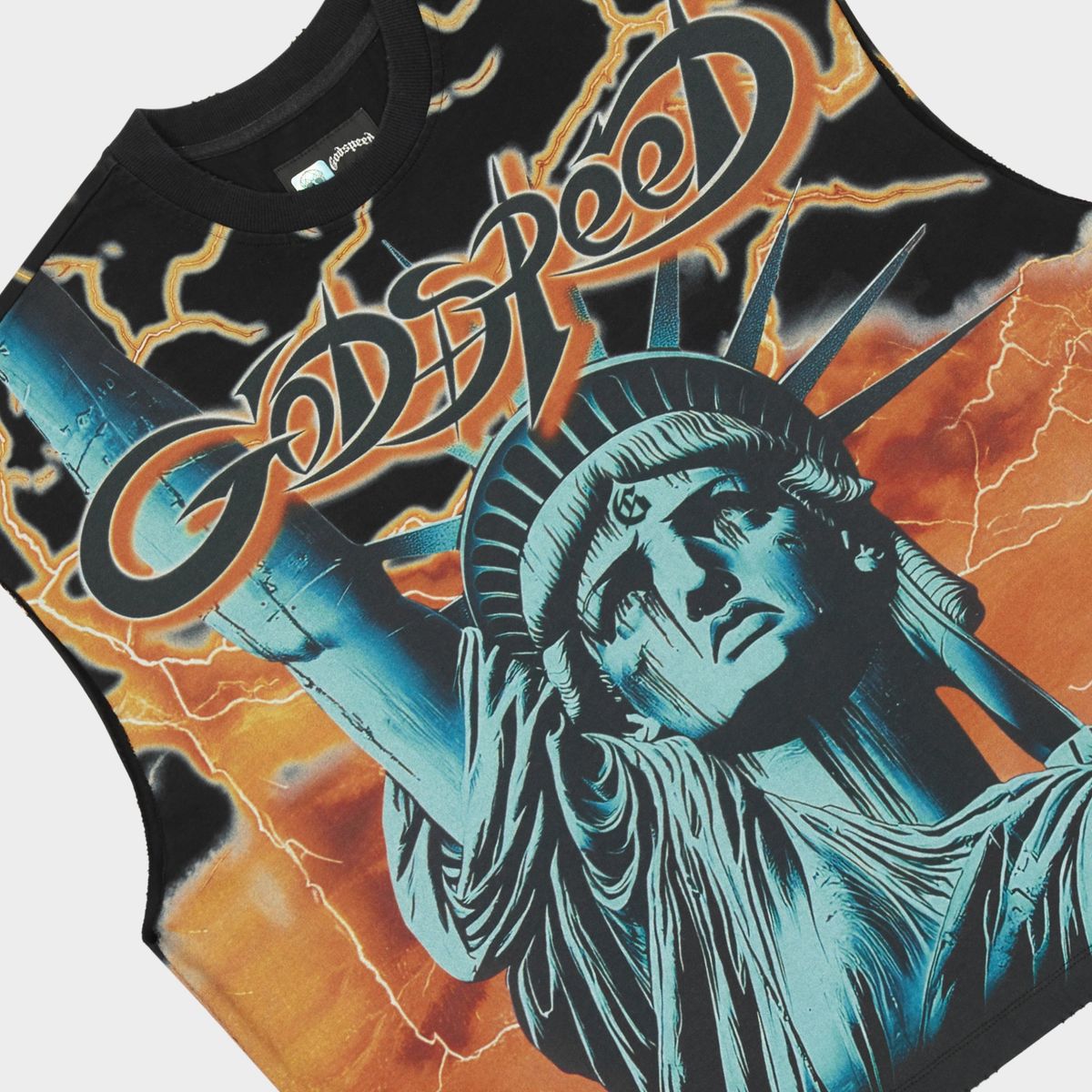 Godspeed Voltage sleeveless T-shirt featuring premium cotton fabric, structured fit, badge details, and a modern streetwear-inspired design.