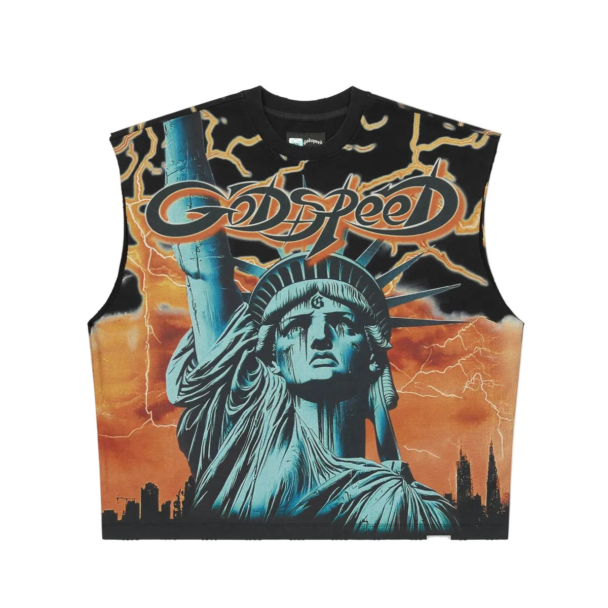 Godspeed Voltage sleeveless T-shirt featuring premium cotton fabric, structured fit, badge details, and a modern streetwear-inspired design.