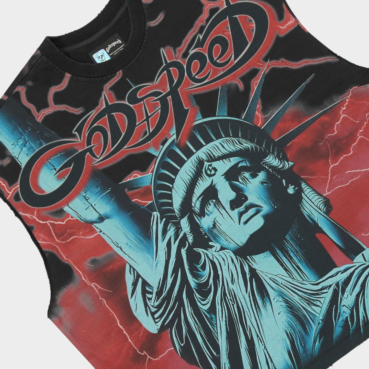 Godspeed Voltage sleeveless T-shirt with premium cotton construction, structured fit, badge accents, and a modern streetwear-inspired design.