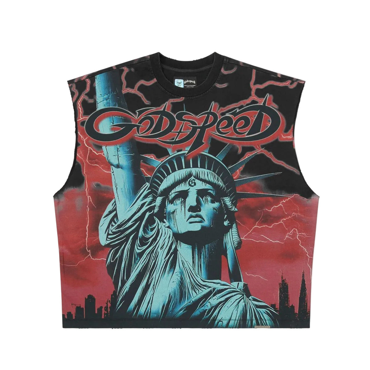 Godspeed Voltage sleeveless T-shirt with premium cotton construction, structured fit, badge accents, and a modern streetwear-inspired design.