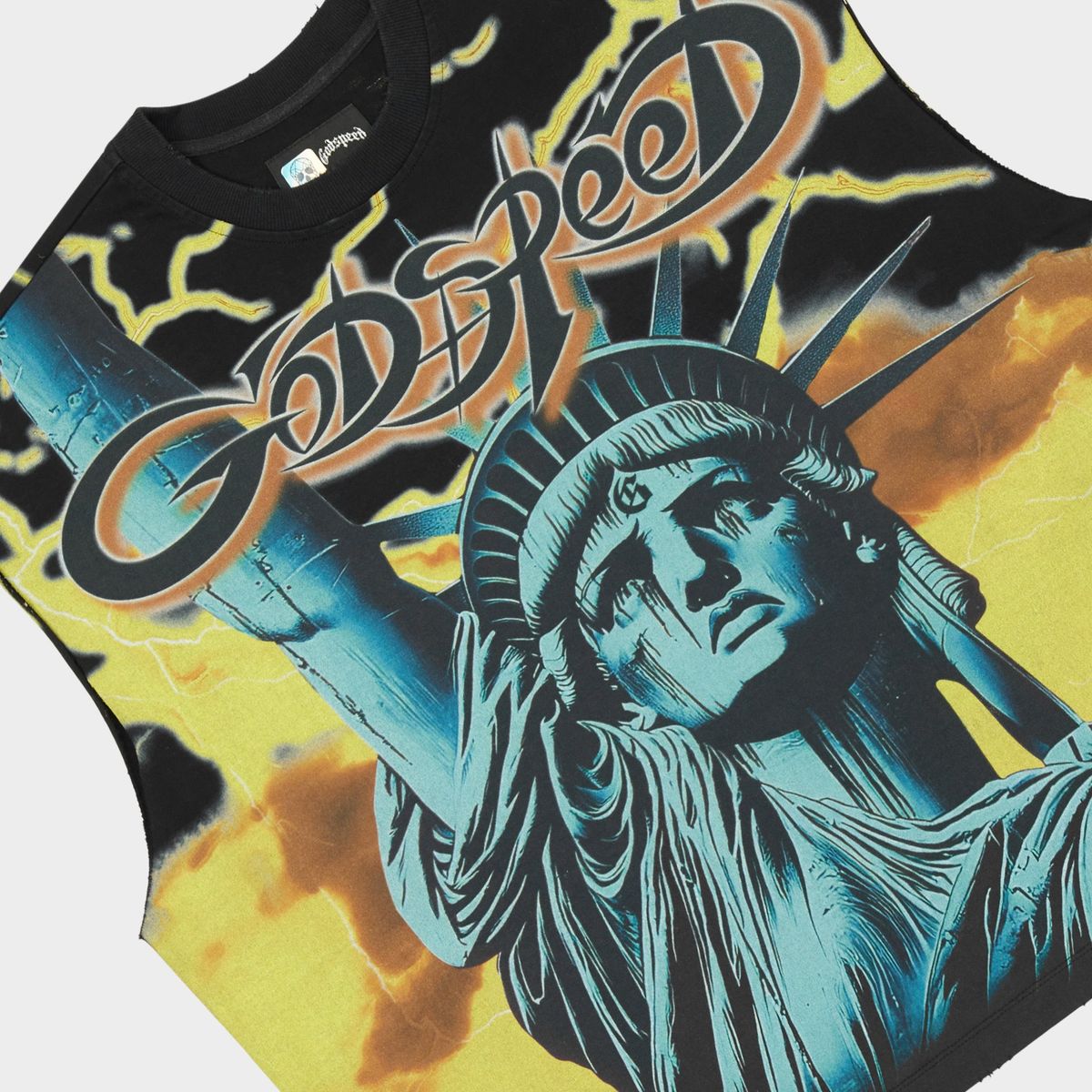 Godspeed Voltage sleeveless T-shirt featuring premium cotton fabric, structured fit, badge details, and a modern streetwear-inspired design.