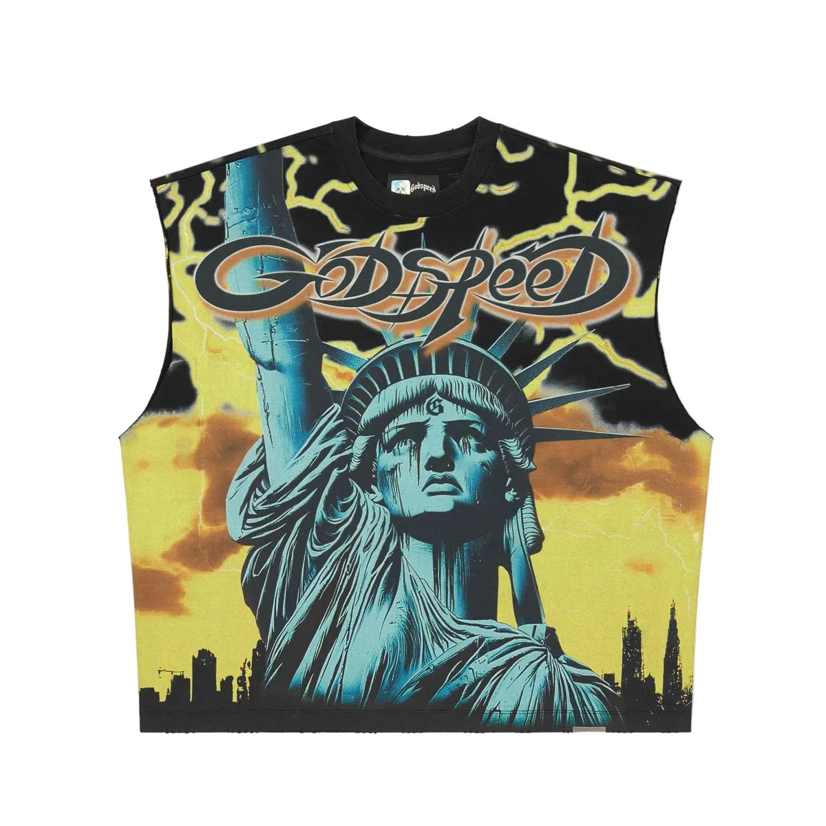 Godspeed Voltage sleeveless T-shirt featuring premium cotton fabric, structured fit, badge details, and a modern streetwear-inspired design.