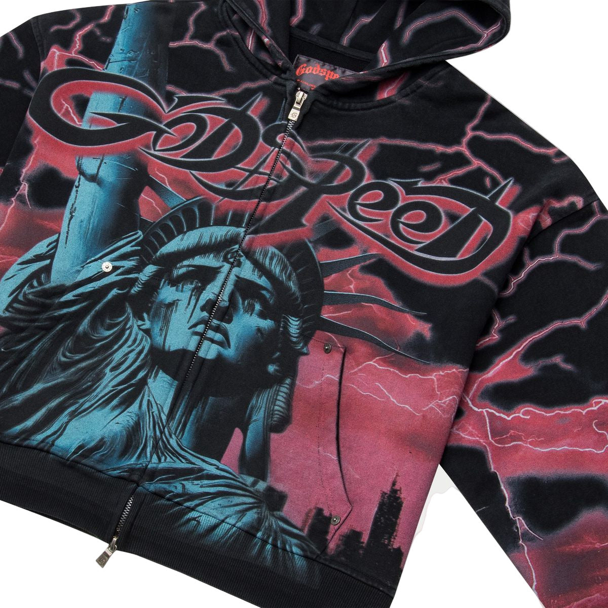 Godspeed Le Denier medium-weight washed hoodie with art piece sleeve design and GS logo on the back, limited to 444 units