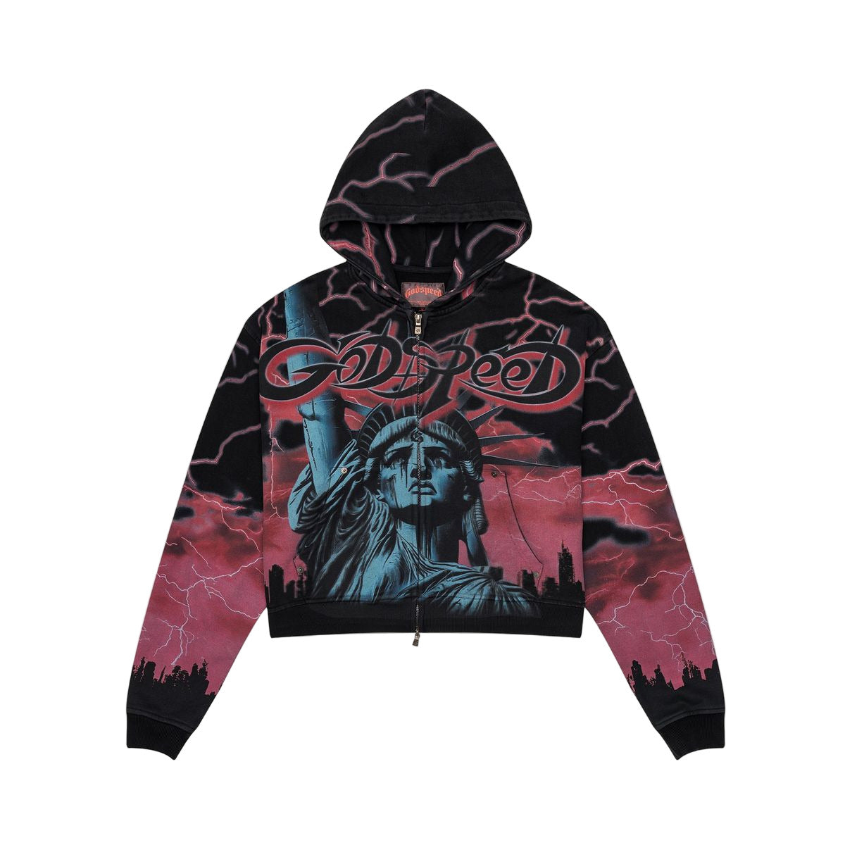 Godspeed Le Denier medium-weight washed hoodie with art piece sleeve design and GS logo on the back, limited to 444 units