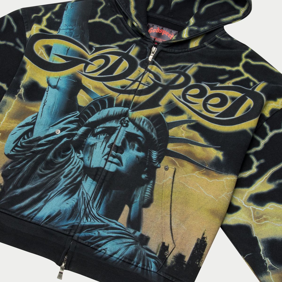Godspeed VOLTAGE Mainline heavy-weight washed hoodie with all-over print art piece and cropped cut design